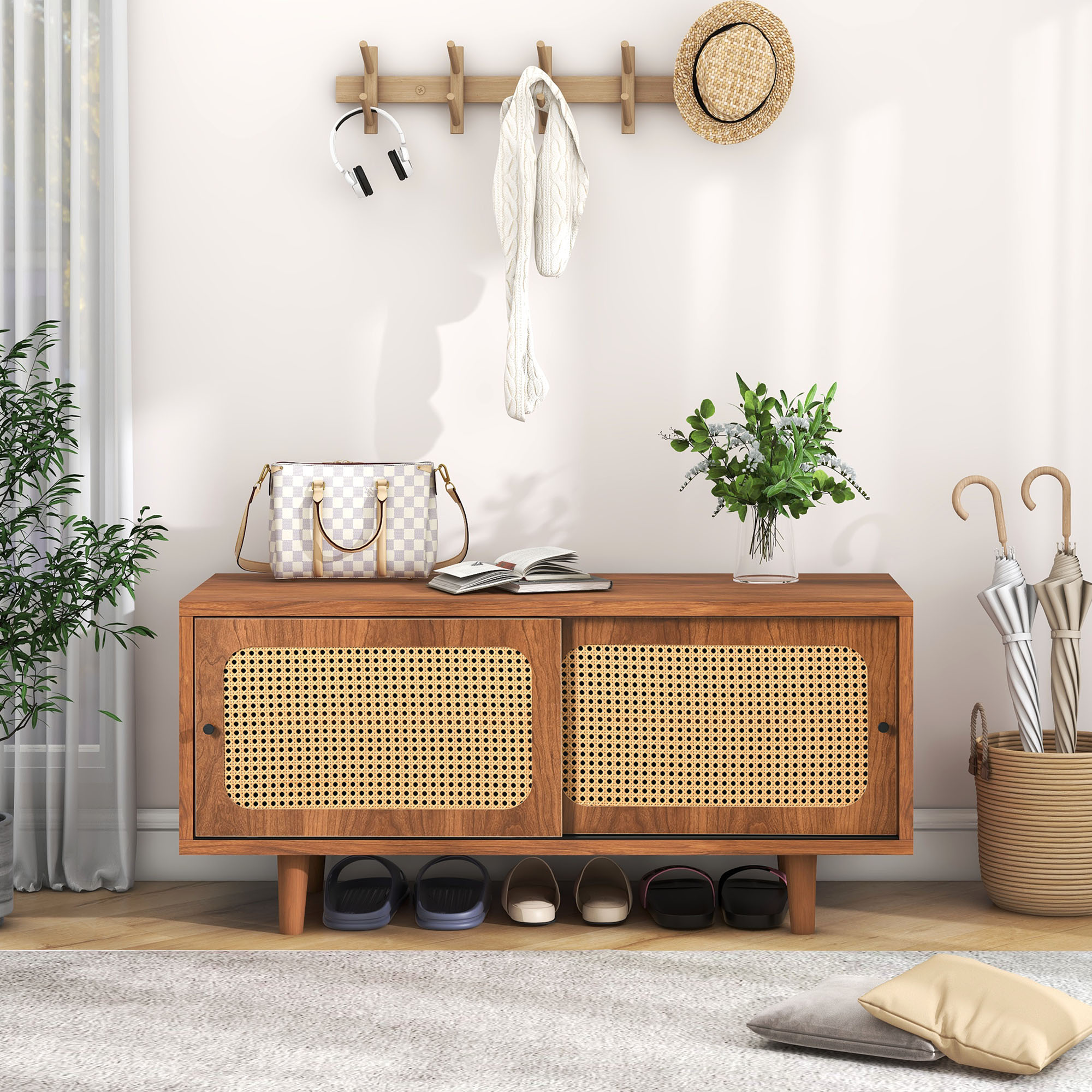 Schuhschrank Rattan Walnuss Schuhbank Flur Schuhkommode 2 Türen Mit Verstellbarer Ablage, Modern Dielenmöbel Holzoptik, 104x40x48cm