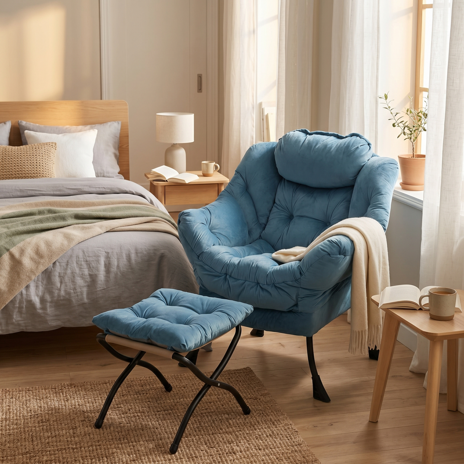 Relaxsessel Blau Mit Hocker, Fernsehsessel Mit Fußstütze & Seitentasche, Bequemer Ohrensessel Loungesessel Für Wohnzimmer & Schlafzimmer