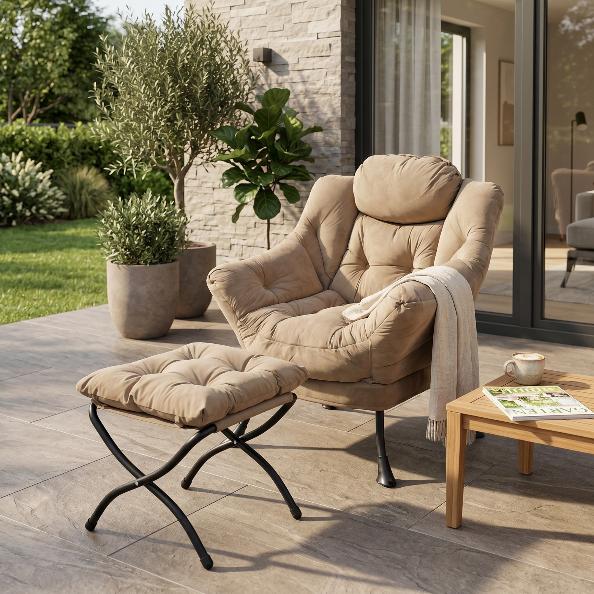 Relaxsessel Mit Hocker Khaki Ohrensessel Fernsehsessel Mit Armlehnen & Seitentasche Bequemer Loungesessel Für Wohnzimmer Schlafzimmer