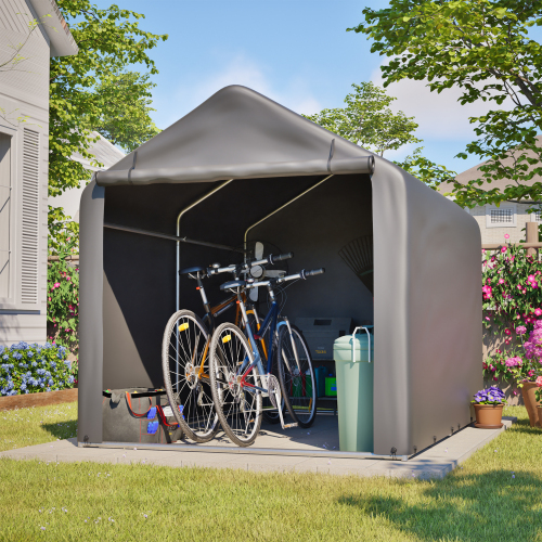 Fahrradgarage 160x220x165 Cm Grau, Fahrradunterstand Wetterfest Mit Rolltor, Fahrradgarage Wasserdicht Aus Metall & Pe Für Garten Terrasse Hof
