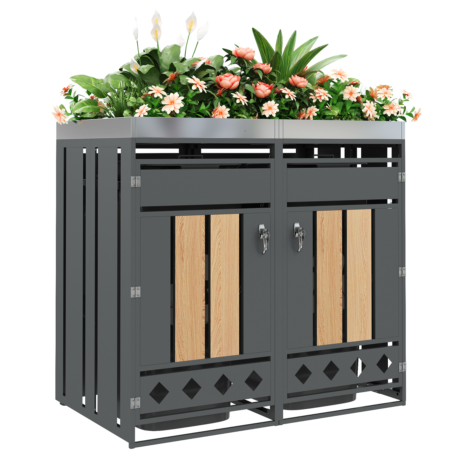 Mülltonnenbox 132x80x124,5 Cm Mit Pflanzfläche, Abschließbar, 2 Fächer, Verzinkter Stahl, Grau Holzoptik, Für Garten Hof Terrasse