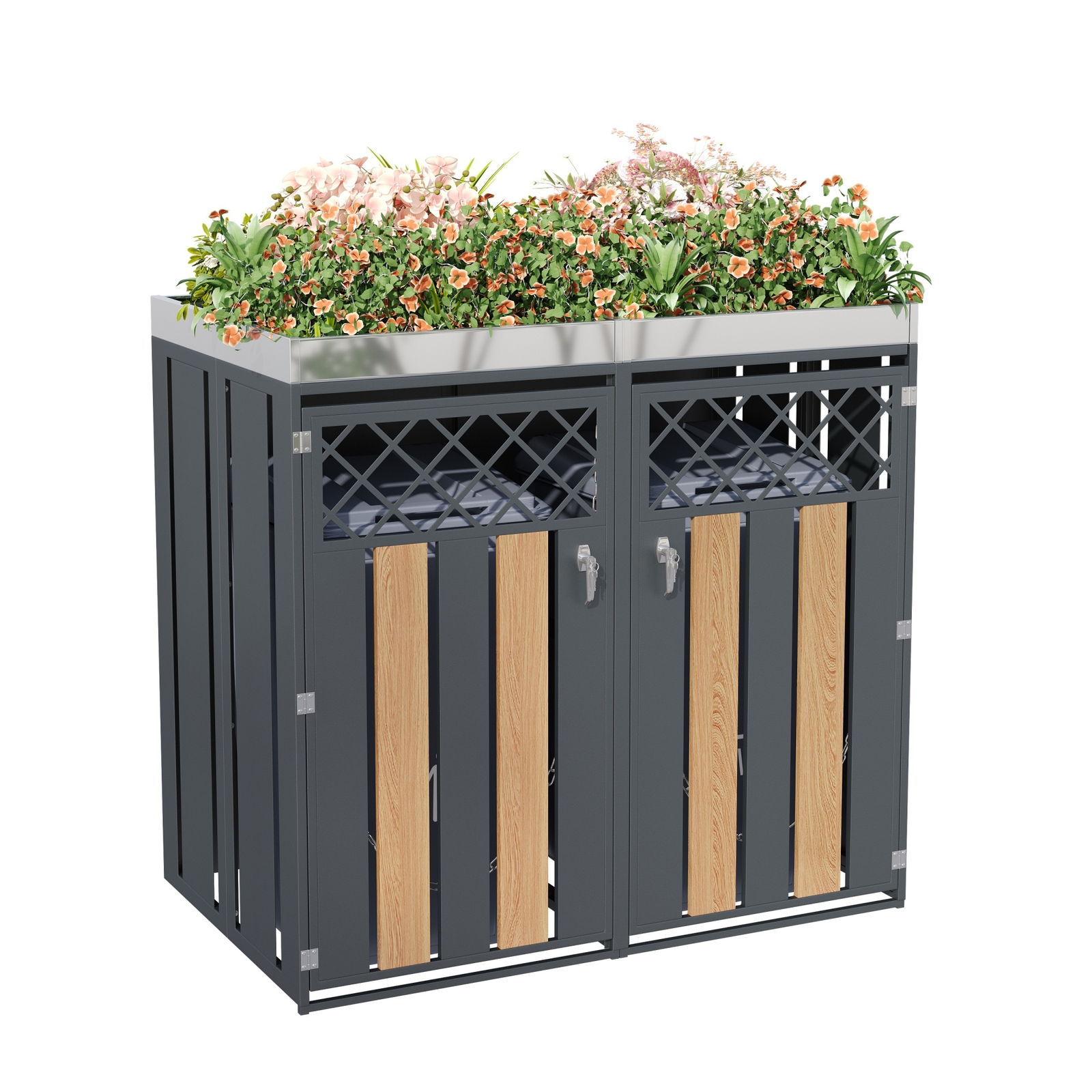 Mülltonnenbox 132 X 80 X 124,5 Cm, Abschließbarer Mülltonnenschrank Mit 2 Türen, Pflanzfläche, Belüftung, Stahl, Grau Holzoptik