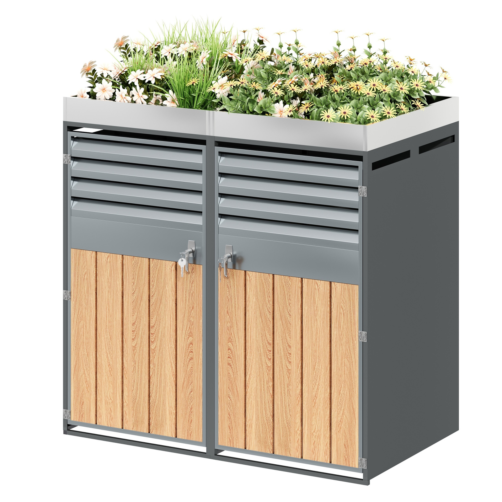 Mülltonnenbox 132x80x124,5 Cm Mit Pflanzfläche, Abschließbar, 2 Türen, Lamellen-belüftung, Verzinkter Stahl, Grau Holzoptik
