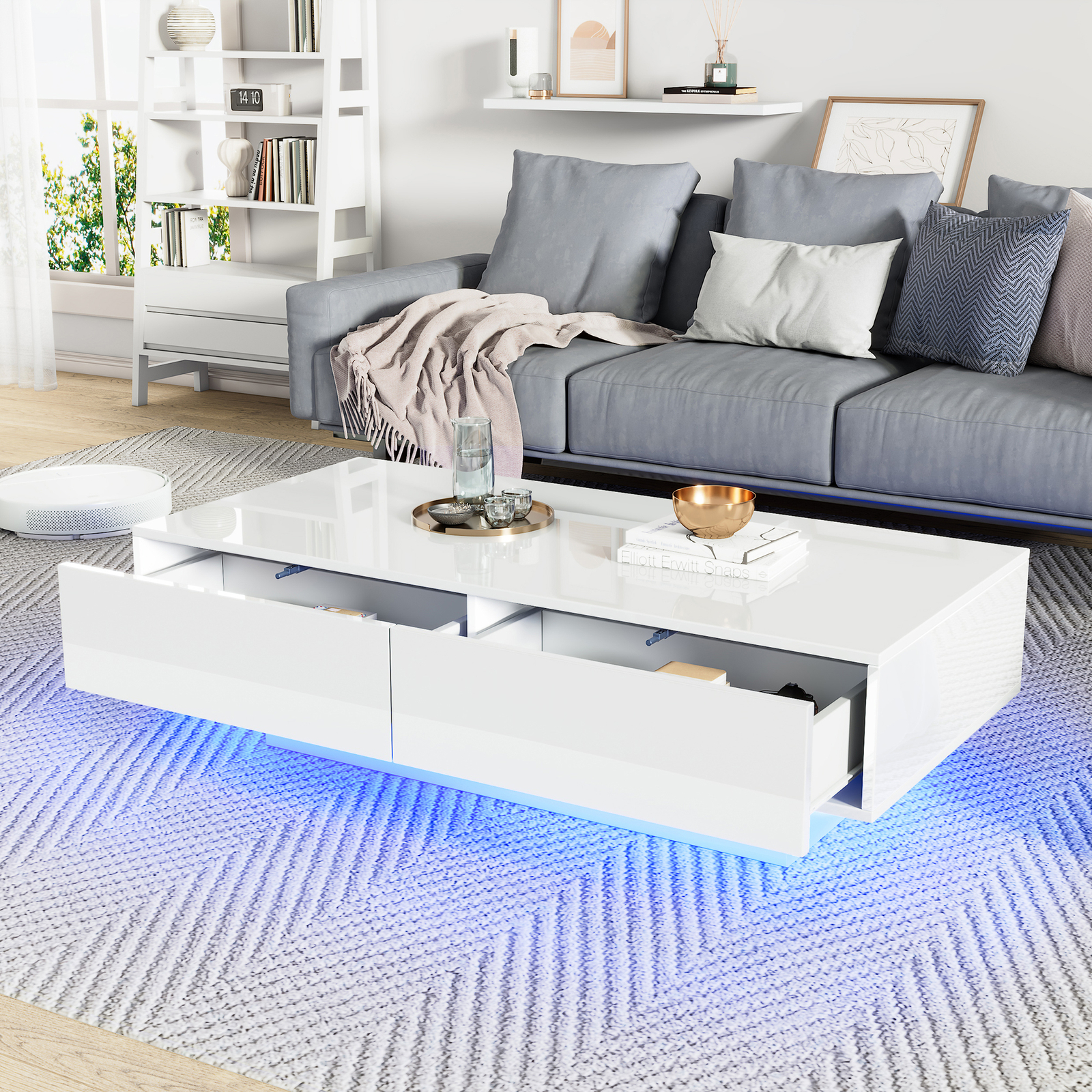 Couchtisch Weiß Hochglanz Mit Led Beleuchtung, Moderner Wohnzimmertisch 115x55cm, Sofatisch Mit 2 Schubladen & Stauraum, 30kg Tragkraft
