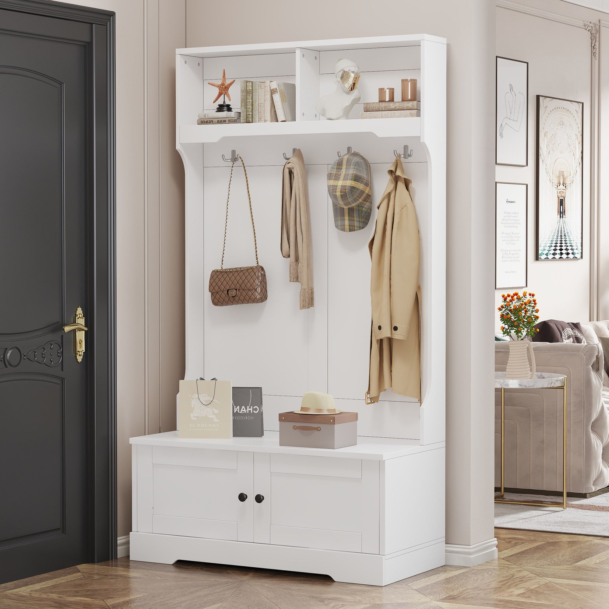 Garderobenschrank Weiß Mit Sitzbank & Schuhschrank, Kompakte Flurgarderobe Mit 4 Haken & Stauraum, Multifunktionale Flurmöbel Set, 101.5x183cm