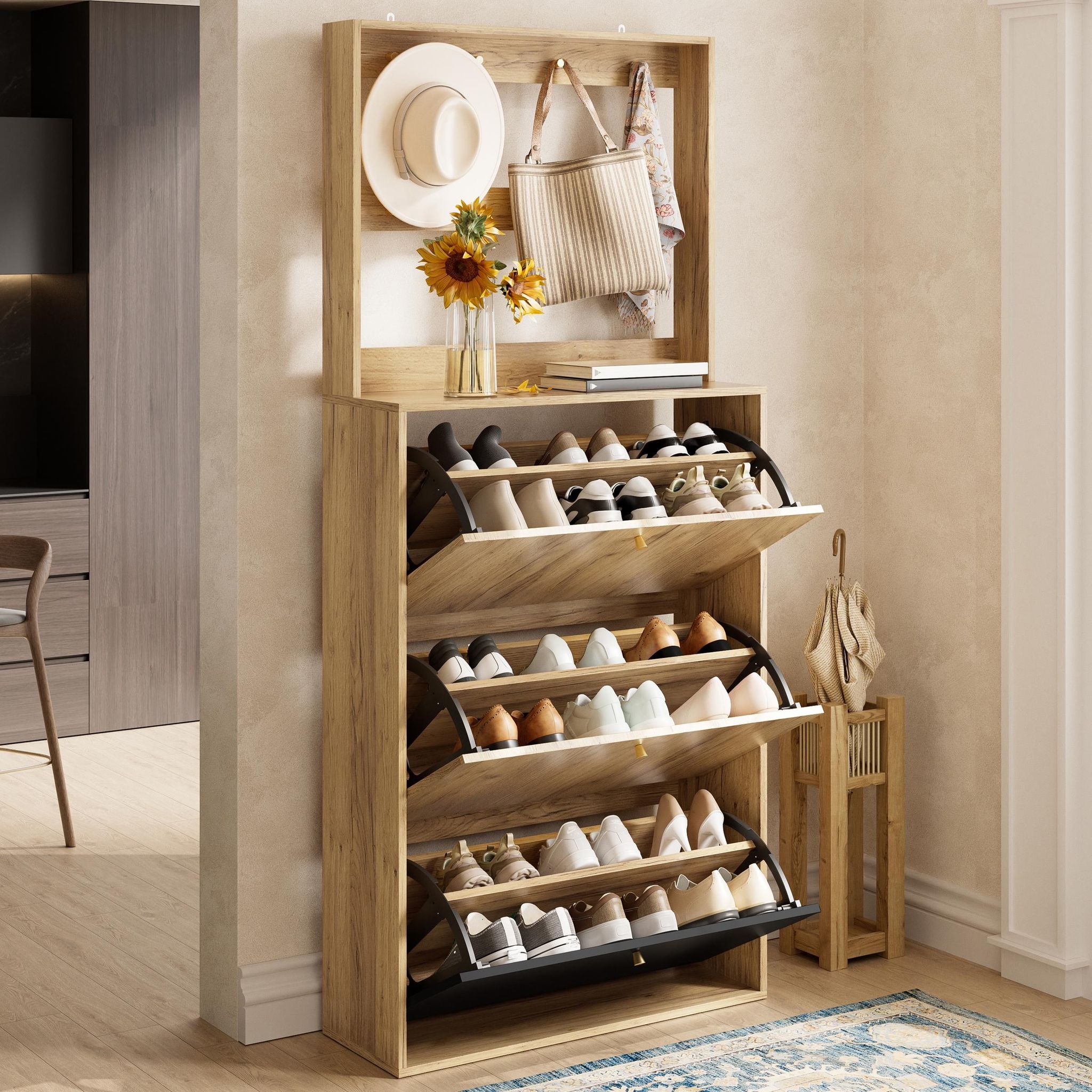 Moderner Schuhschrank Mit Haken, 3 Klappfächer, Rustikaler Stil, Naturholz Und Schwarz, Schmaler Schuhkipper Für Flur, 75 X 180 X 24 Cm
