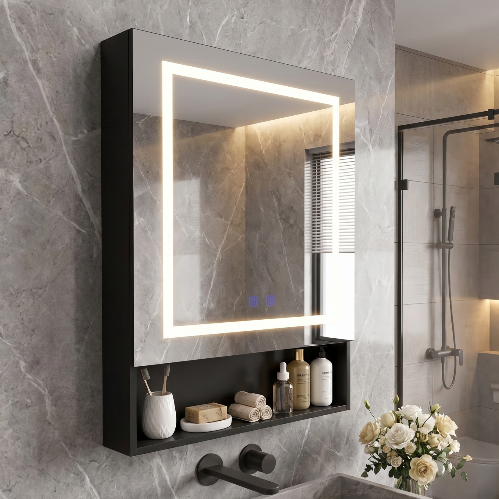 Led-spiegelschrank Bad 50x88x16 Cm, Bad-hängeschrank Mit Antibeschlag-funktion Und Ablagefächern - Schwarz