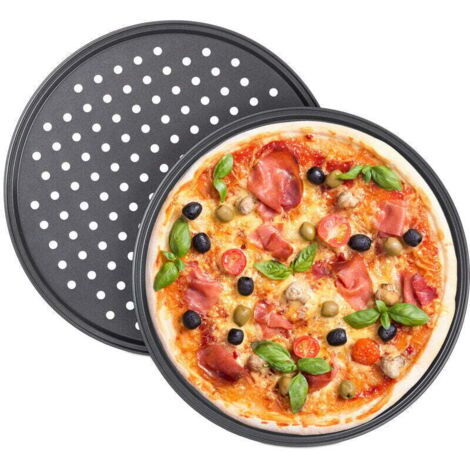Pair Set Mit 2 Runden, Perforierten, Antihaftbeschichteten Pizzablechen Aus Kohlenstoffstahl, Grau, Ø 32 Cm