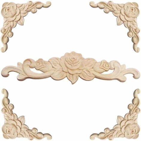 Pair Dekorative Holzleiste, 5-teilig, Holzschnitzerei, Dekorative Holzleiste, Applikation, Dekorative Rosette, Florales Holzschnitz-aufkleber, Dekorative Ecke, Geschnitzt Für Möbeldekoration