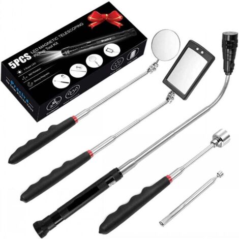 Pair 5-teiliges Teleskop-magnetgreifer-set Mit Led-beleuchtung, Inklusive 15-lb/1-lb-greifer, Rundem/quadratischem Inspektionsspiegel, 360° Drehbarem Teleskopgriff Und 4 Batterien (fünfteiliges Set)