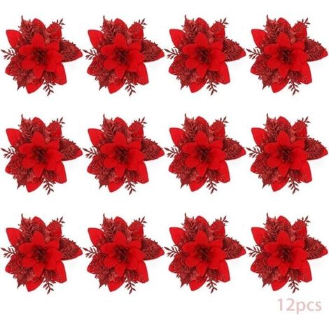 Pair Weihnachtsblumen, 12 Glitzer-weihnachtsblumen, Hohle Glitzer-weihnachtsblumen, Poinsettie-weihnachtsbaum-kunstblumen-dekoration, Ornament, Dekoration, Weihnachten (rot-b)