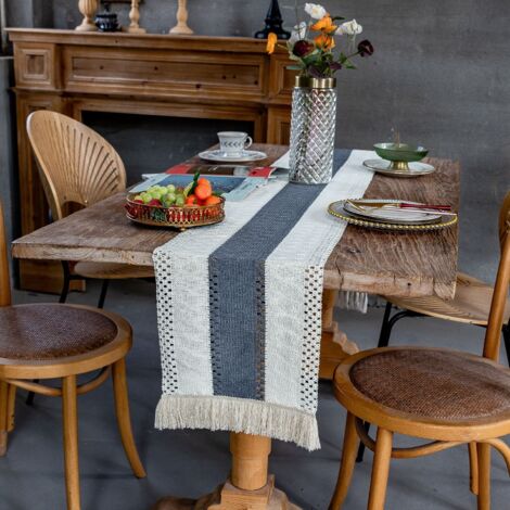 Pair Chemin De Table En Macramé, Chemin De Table À Manger 30x180 Cm Coton Naturel Et Lin, Décor De Table À Pompons En Dent Au Crochet Bohème，gris-bleu