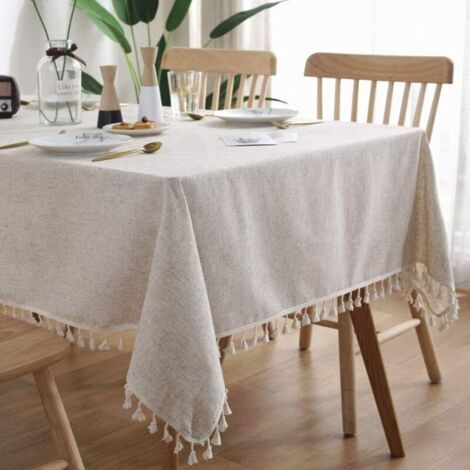Pair Rechteckige, Fleckenabweisende Tischdecke, Waschbar, Einfarbig, Mit Quasten, Längliche Tischdecke Aus Baumwoll-leinen Für Küche, Esstisch, Buffetdekoration (beige, 140 X 220 Cm)