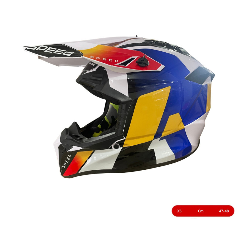 Kinder-motocross-/enduro-helm Für Motorrad, Atv Und Fahrrad – Größe Xs (47–48 Cm), Weiß Mit Gelb-blauem Design
