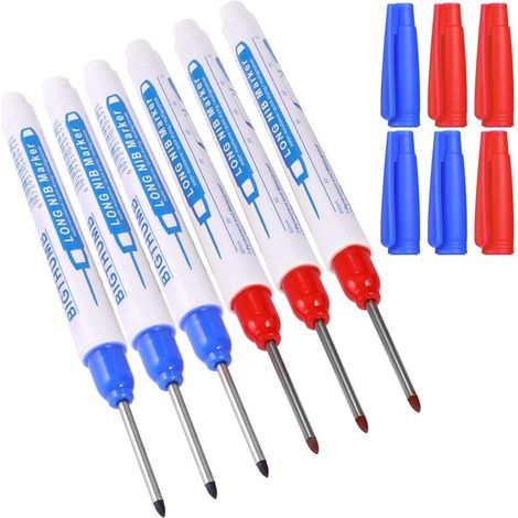 Pair 6 Stück Tieflochmarker, Zimmermannsmarker, 30 Mm Permanentmarker Mit Feiner Spitze, Permanent-filzstift Zum Markieren An Schwer Zugänglichen Stellen (blau Rot)