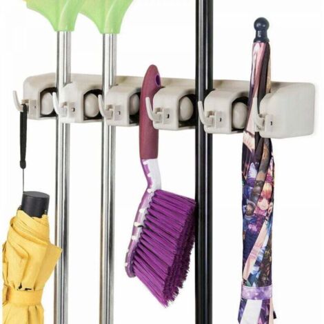 Pair Wandmontierter Besenhalter Mit 5 Schlitzen Und 6 Haken Für Küche, Bad, Garage Und Garten, Grau