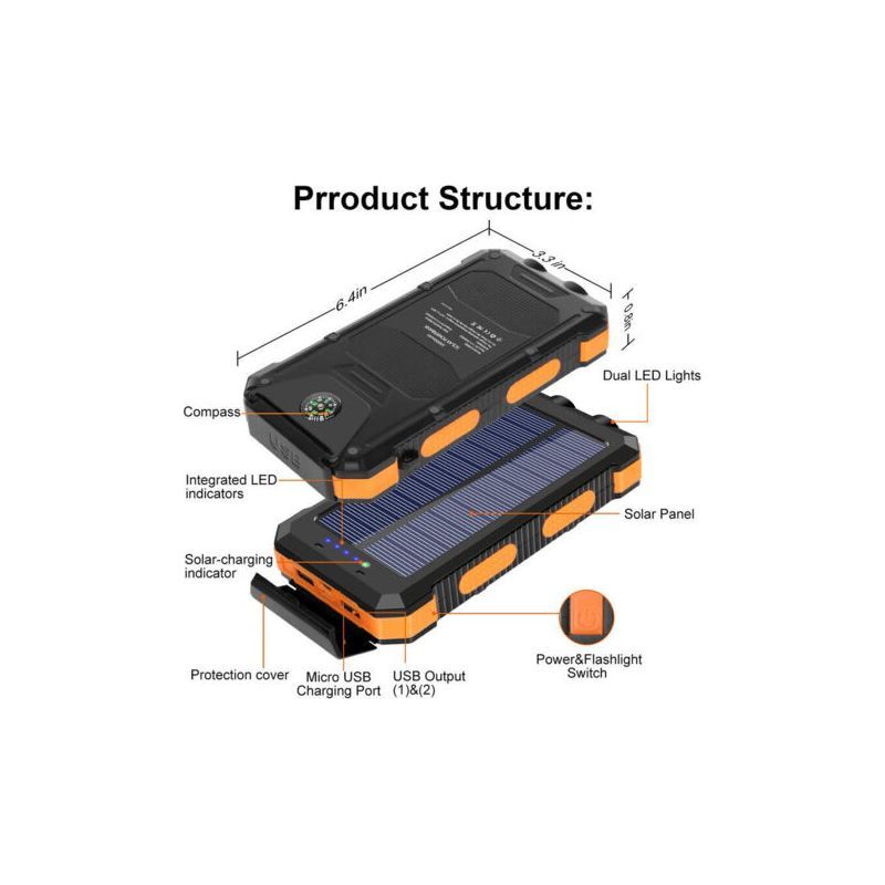 20000-mah-solarladegerät – 2 Usb-anschlüsse – Schnelles Kabelloses Laden Für Smartphones Und Tablets – Wasserdicht Und Stoßfest – Ideal Für Camping