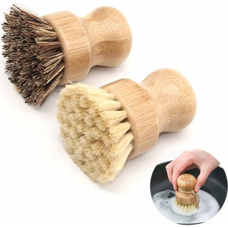 Pair Bambus-spülbürste, Holz-spülbürste, Topfbürste Mit Borsten, Pilzbürste, Gemüsebürste, Pfannenbürste, Spülbeckenbürste, Runde Scheuerbürste, Küchenreinigungsbürsten (2 Stück)