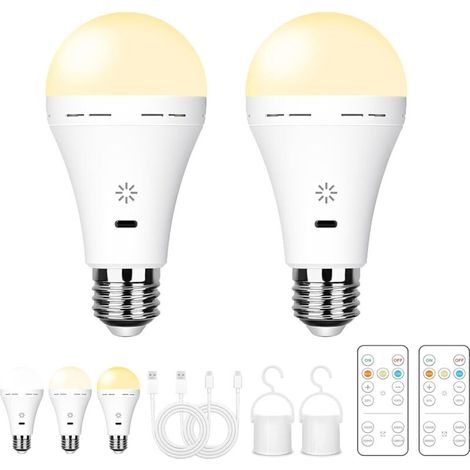 Pair Wiederaufladbare Usb-glühbirne Mit Fernbedienung, 3 Farbtemperaturen, Dimmbare E27-led, Batteriebetrieben, 5 W, Touch-steuerung Mit Timer, Not-aus-funktion Mit Haken, 2600 Mah, 2er-pack