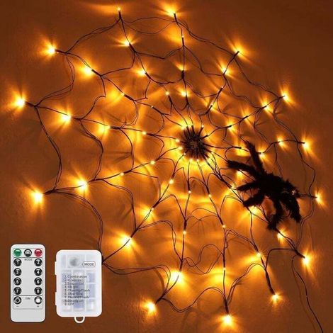 Pair Halloween-dekoration: Spinnennetz-lichterkette, 1 M Durchmesser, 70 Orangefarbene Leds Mit Schwarzer Spinne, Fernbedienung Für Partys, Gärten, Bars Und Spukhäuser