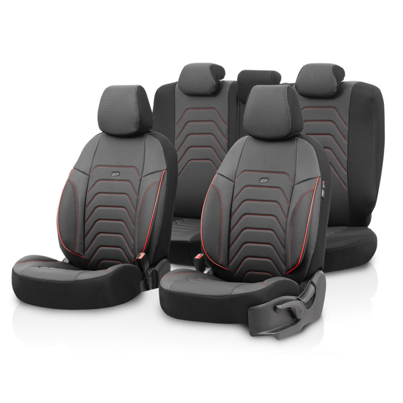 Komplettset Luxus-polsterung Otom Aus Textil Mit Kunstleder Core Design – Schwarz Mit Roter Naht, Für Vorder- Und Rücksitze