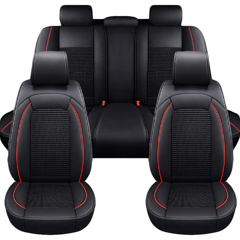 Luxuriöses Universal-autositzbezug-set Aus Leder Und Textil, Schwarz Mit Roter Naht, Für Vorder- Und Rücksitze