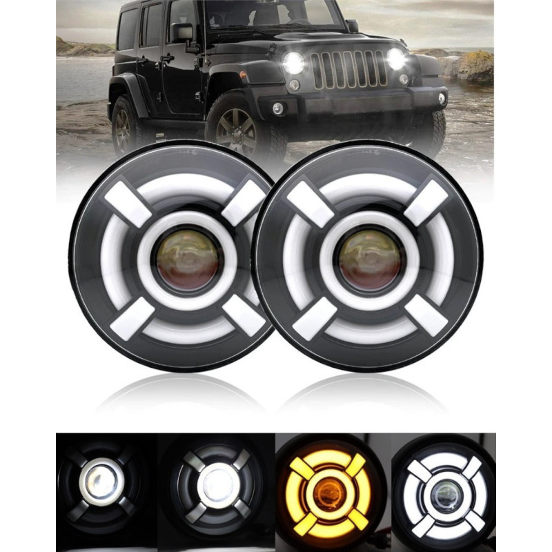Set Mit 2 Stück, Universal, 7 Zoll (18 Cm), Led-halogen, 12–24 V, Abblend-/fernlicht Mit Drl (tagfahrlicht), Blinker Weiß‑gelb,