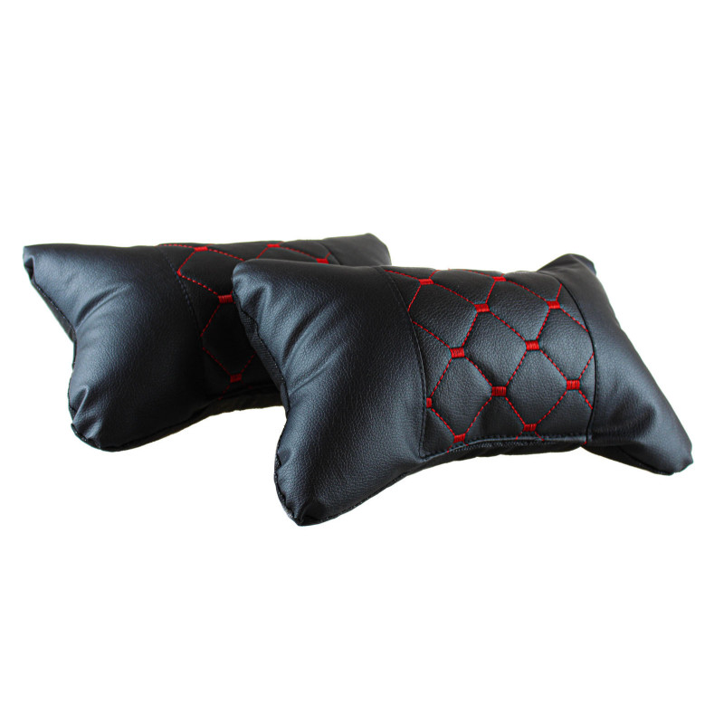 Set Mit 2 Universellen Autokissen, Schwarz Mit Roter Naht
