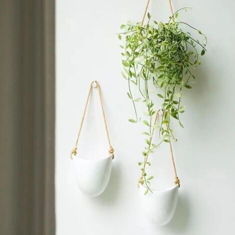 Pair Wandblumentöpfe 2-teiliges Set Hängender Keramikblumentöpfe Wanddekoration Für Innenräume, Balkon Und Garten Weiß (glänzend)