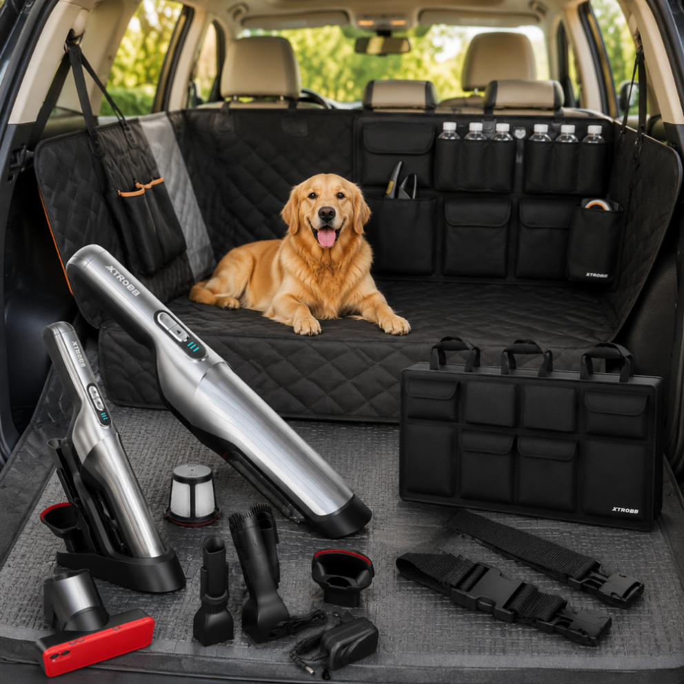 Dog-friendly Car Kit (3-piece) – Rear Seat Dog Mat, Back Seat Organizer & Cordless Car Vacuum