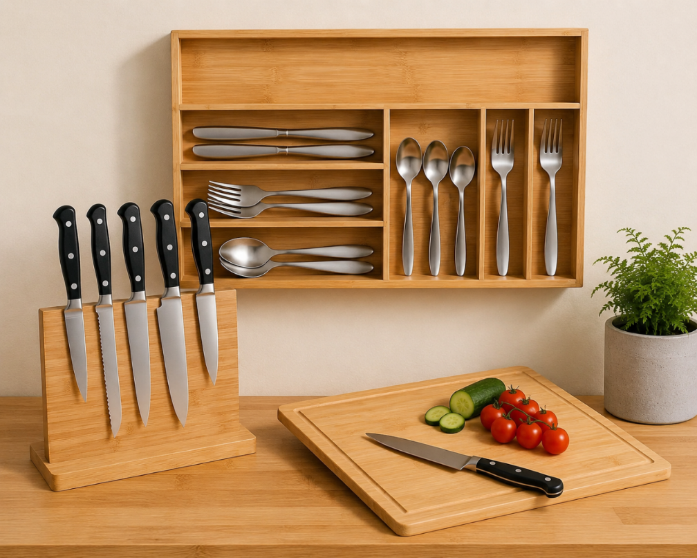 Bamboo Kitchen Organizer Set (3-piece) – Cutlery Tray, Magnetic Knife Block & Cutting Board