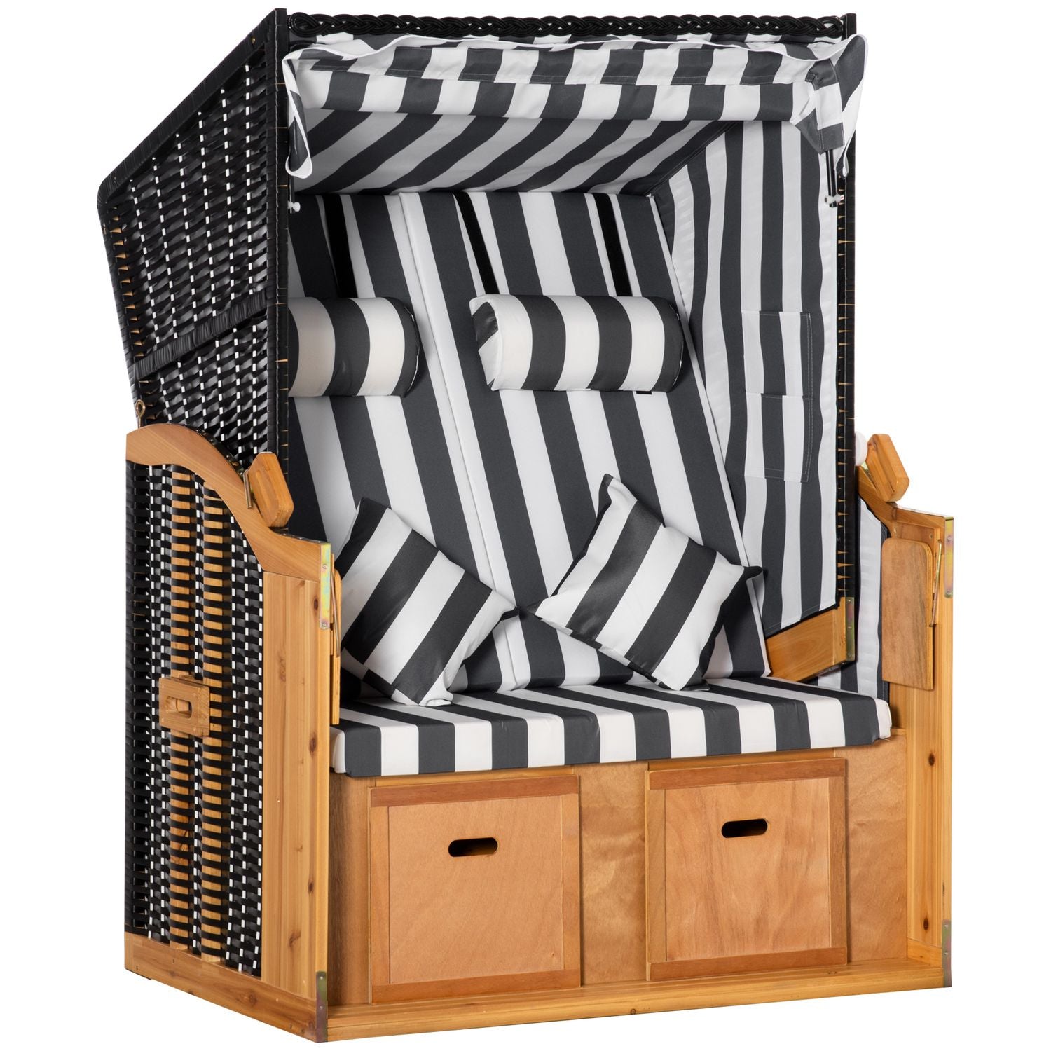 Strandkorb Doppelliege Dach Getränkehalter 5-stufen Rückenlehne Pe-rattan Grau+weiß 118x79x160cm