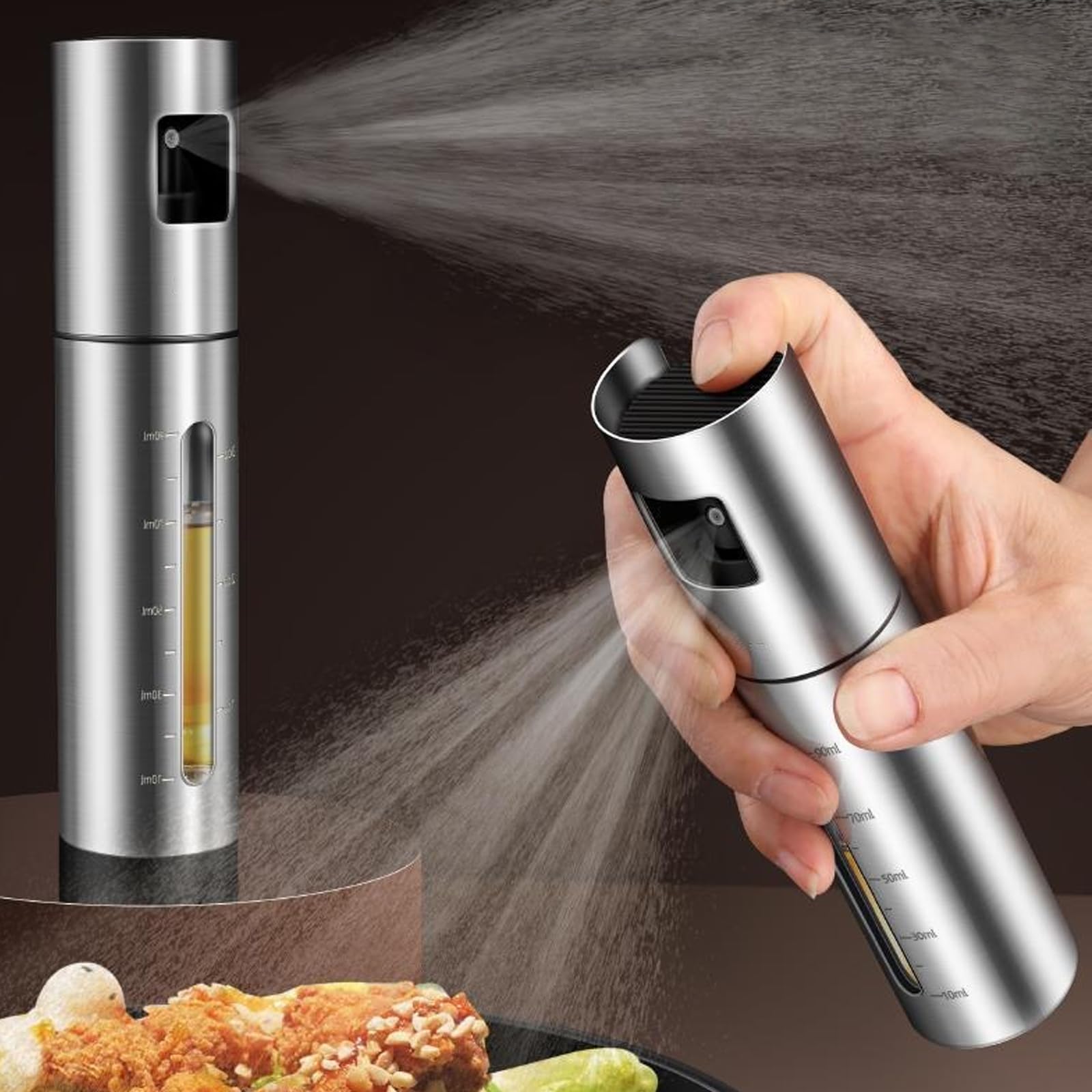 100 Ml Olivenöl-sprühflasche Aus Edelstahl Mit Sichtfenster Und Skala – Speiseöl-sprühflasche Für Heißluftfritteuse, Salat (1 Stück)
