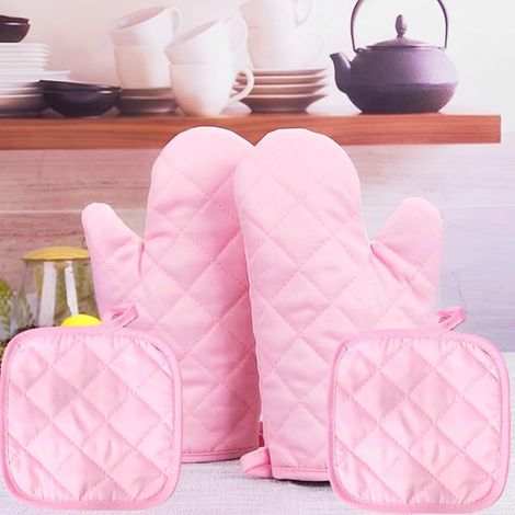 Set Aus 4 Hitzebeständigen Ofenhandschuhen Und Topflappen (2 Handschuhe + 2 Untersetzer) Aus Doppellagigem, Gestepptem Polyester, Küchenzubehör Zum Backen Und Kochen, Rosa