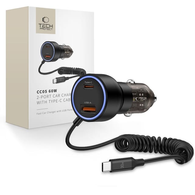 Tech-protect Cc05 2-port-kfz-ladegerät Pd60w + Kabel Schwarz