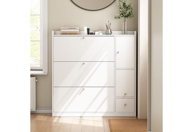 Schuhschrank Mit 3 Klappen, 1 Schublade, Verstellbaren Einlegeböden Und Klappbarer Sitzbank Für Den Flur 119×24×122 Cm