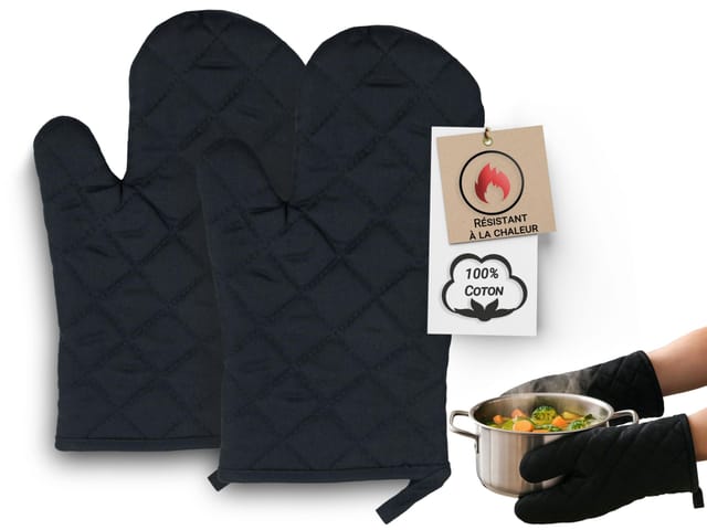 Set Mit 2 Schwarzen Ofenhandschuhen – Hitzebeständige Ofenhandschuhe – Baumwolle – 18 X 28 Cm – Mit Praktischem Haken – Waschbar Bis 60 °c