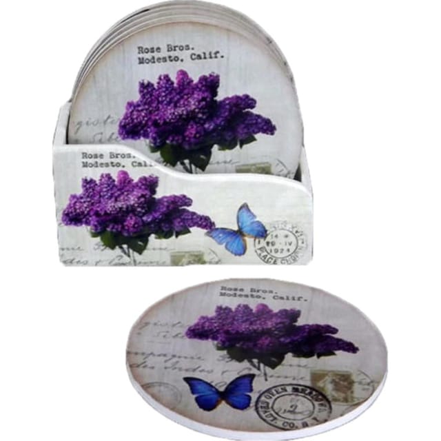 Set Mit 6 Holzuntersetzern Mit Blumenmuster