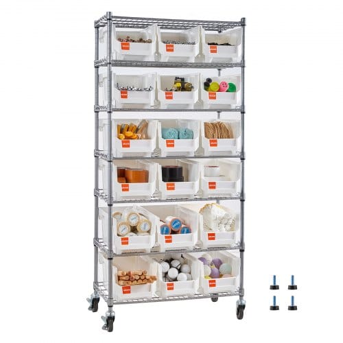 Standregal, Lagerregal Mit 7 Ebenen & 18 Stapelboxen, Bücherregal, Küchenregal Mit Rollen, Werkzeugaufbewahrung Für Garage, Lager, Büro, Restaurant, Klassenzimmer, Küche, 690x355x1490 Mm