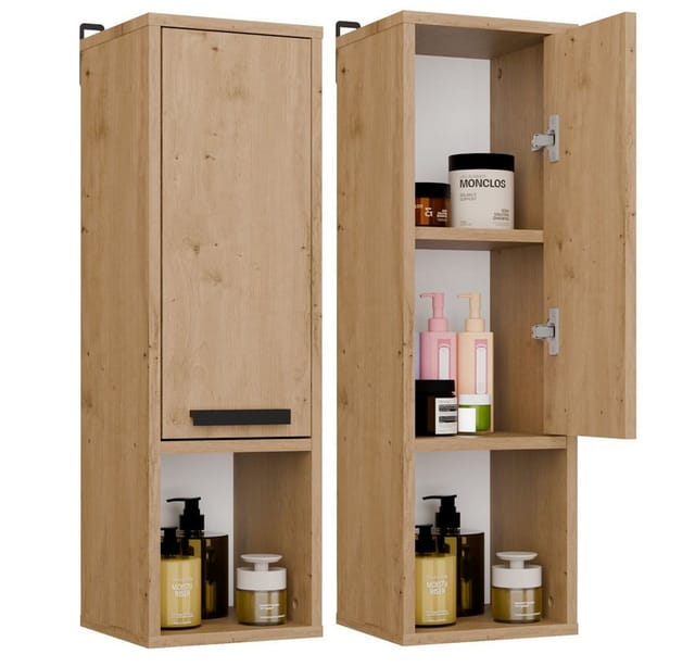 Wandhängender Badezimmerschrank Mexy W1d, 1 Tür, 3 Ablagen, Eiche Artisan