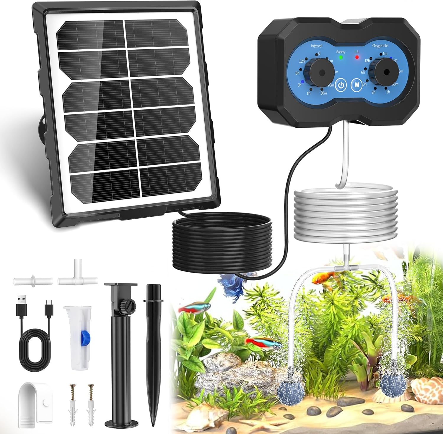 Solar-teichbelüfter Mit Akku, Wiederaufladbar, Solar-sauerstoffpumpe Für Teich, Aquarium, Aquarium, Solar-sauerstoffpumpe, Dual-usb-aufladung, 146 Einstellbare Modi