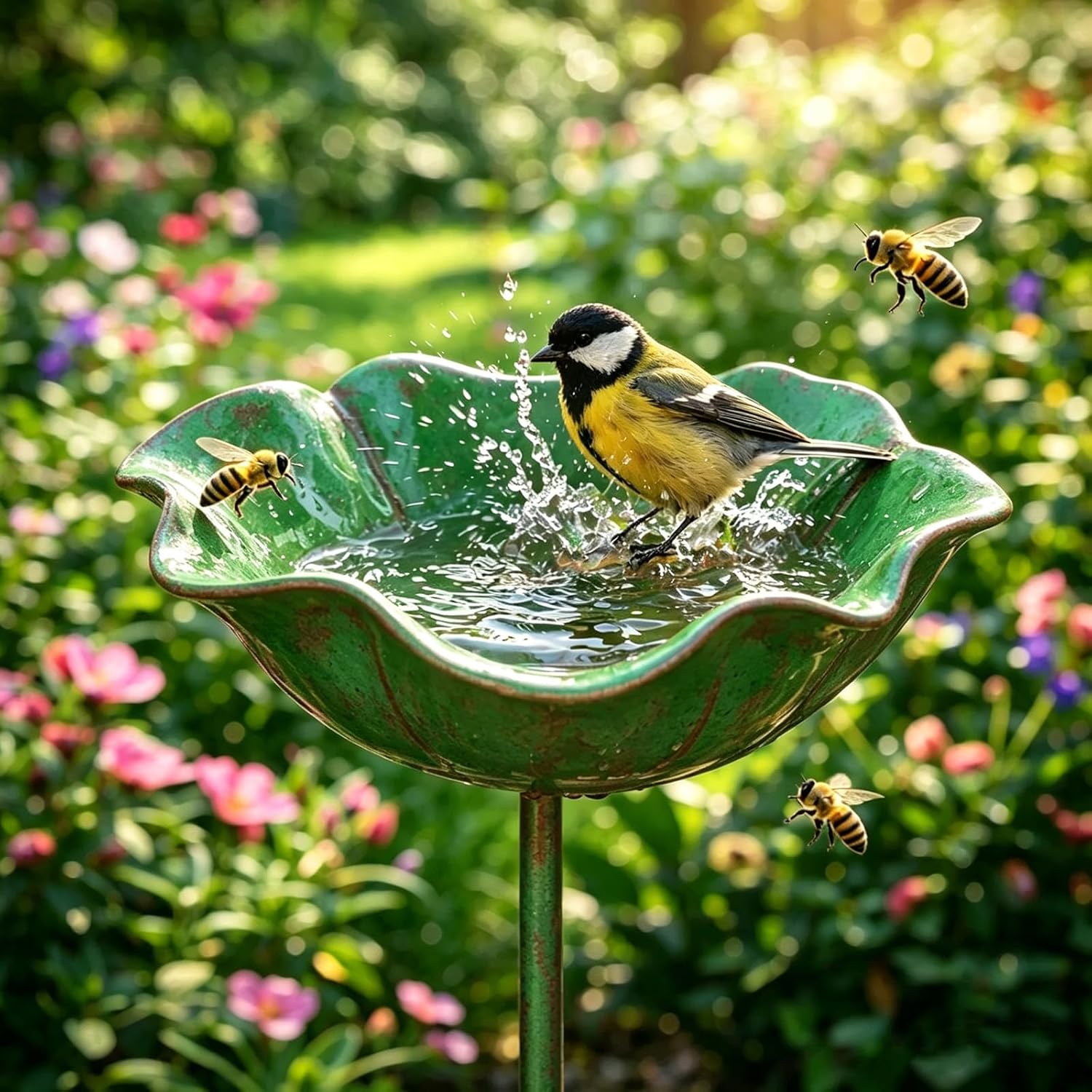 Vogeltränke, Metall-bienentränke, Blumenmuster, 15 X 60 Cm – Wetterbeständige Außenbewässerungsstation Für Den Garten – Elegante Handgefertigte Dekoration (grün)