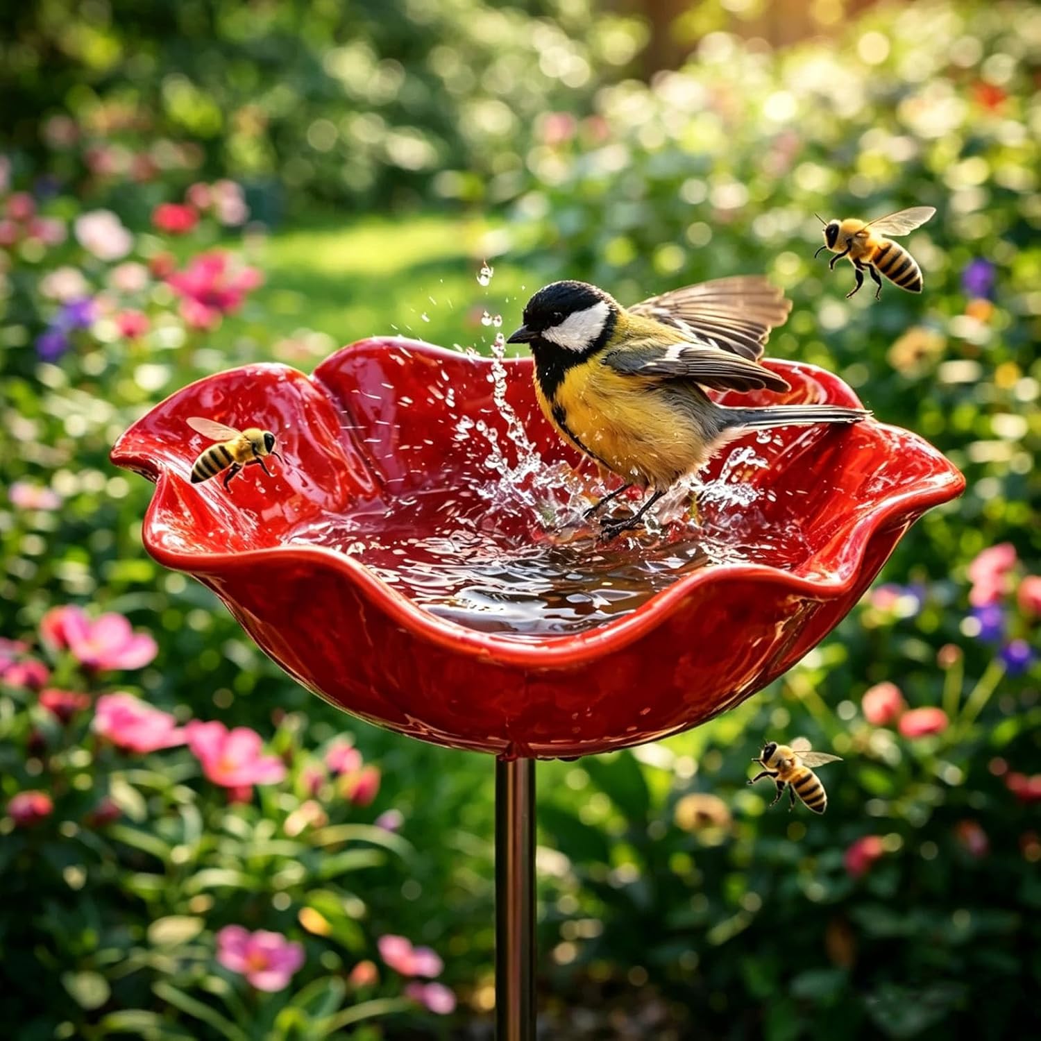 Vogeltränke, Bienentränke Aus Metall, Blumenmuster, Wetterbeständig, Bewässerungsstation Für Den Außenbereich, Für Den Garten, Elegante Basteldekoration (rot)