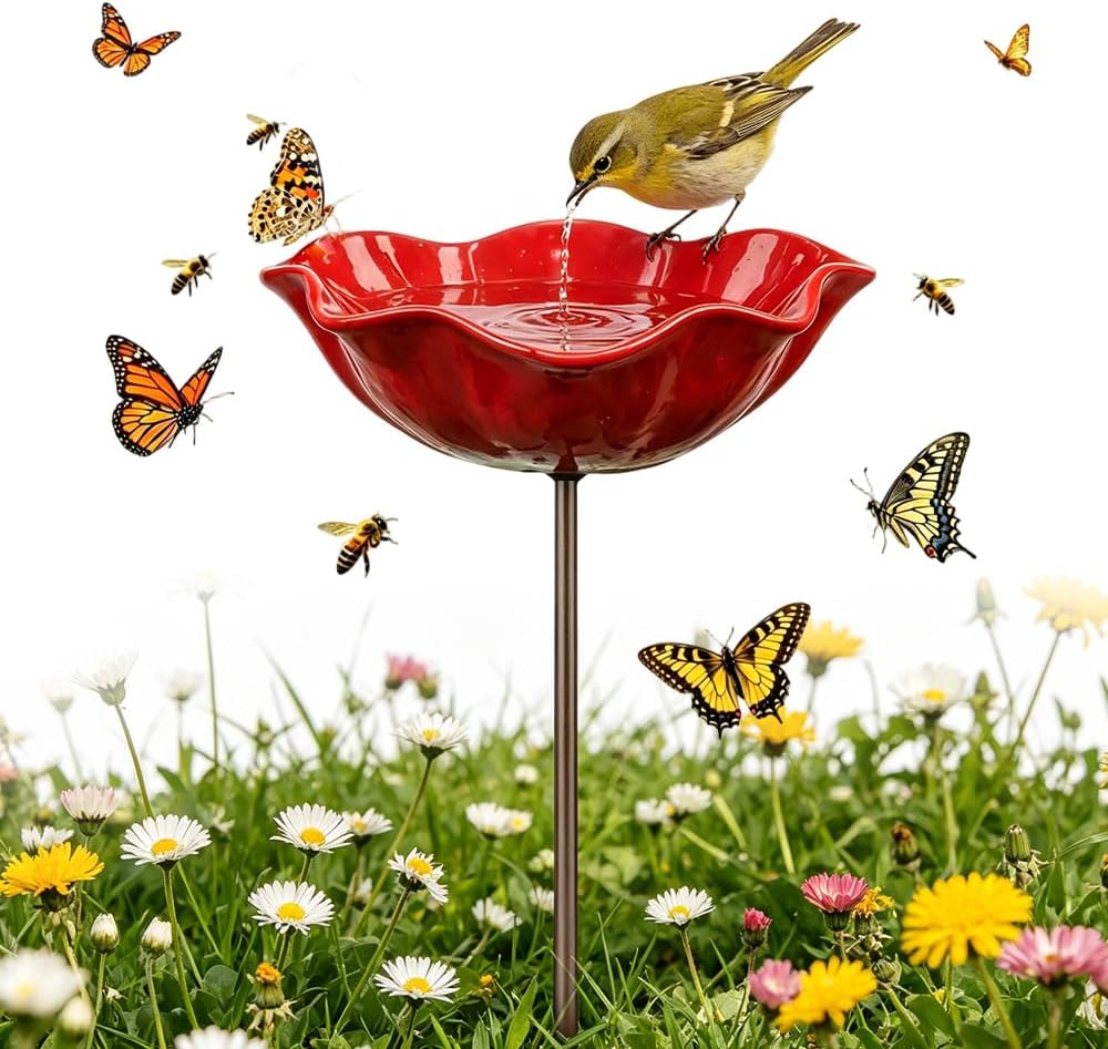 Outdoor-vogelfutterhaus Aus Metall Für Den Garten, Badewannen Für Wildvögel, Vogeltränke Mit Stab 60 Cm, Outdoor-tränke Für Insekten Und Schmetterlinge, Garten-terrassen-dekoration (rot)