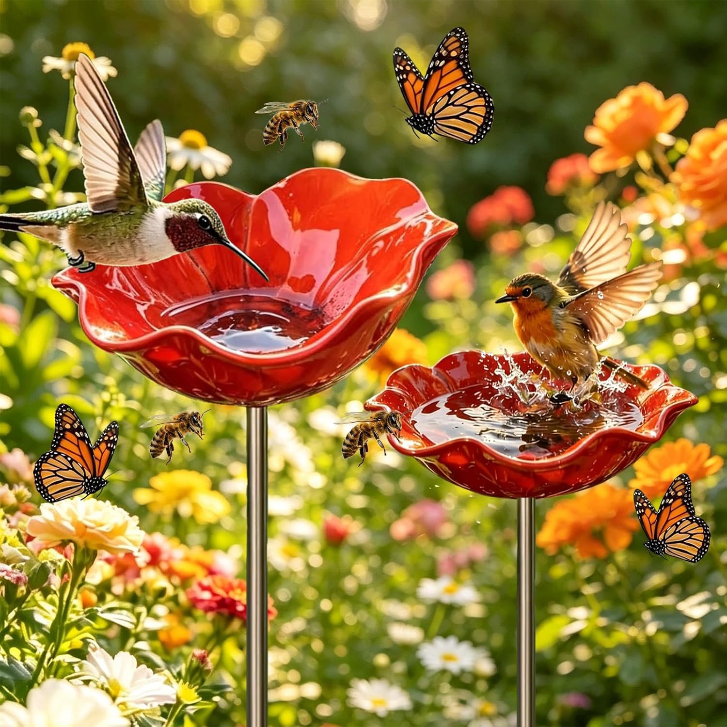 Vogelfutterstation Und Badewanne Aus Metall Für Den Außenbereich – Blumenförmige Tränke Auf Stiel Für Den Garten, Wasserversorgung Für Vögel Und Bienen, Höhe 60 Cm (rot – 2 Stück)