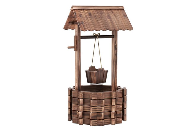 Costway - Holzbrunnen Mit Dach, Tannenholz Wunschbrunnen Blumenkübel Blumentopf Garten Dekoration Für Draußen Veranda 56x56x114cm