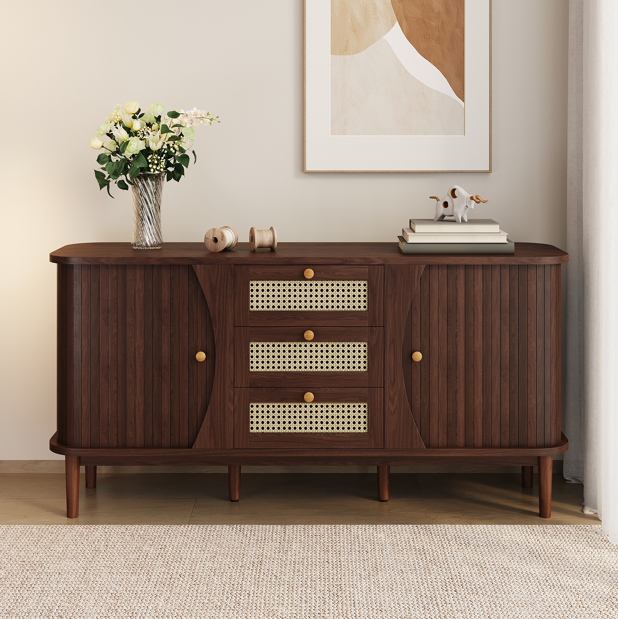 Sideboard 140.5x40x76 Cm Natur Aus Spanplatte Mit Rattanfronten, Schiebetüren Und Verstellbaren Einlegeböden