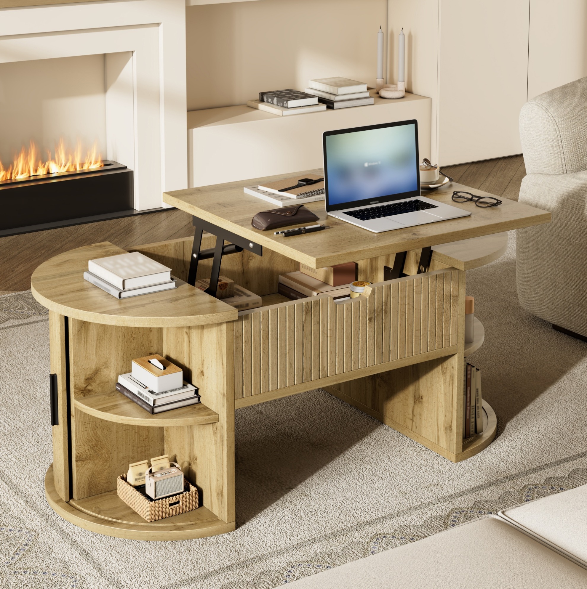 Couchtisch 100x50x40.5 Cm Eiche Mdf Mit Höhenverstellbarer Tischplatte, Schiebetüren Und Offenen Regalen