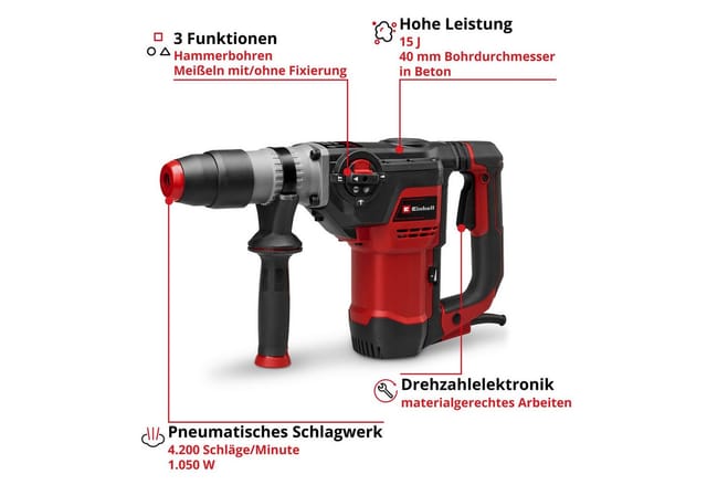 Einhell Bohrhammer Te-rh 40/15 3f +2 (1050 W, Pneumatisches Schlagwerk, 15 J Schlagstärke, Anti-vibration, Sds-max-aufnahme, Lieferung Inkl. Flachmeißel Und Spitzmeißel)
