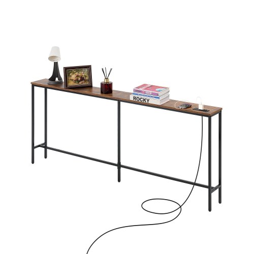 Schmaler Konsolentisch Eingangstisch (178 Cm Länge) Mit Steckdosen, 1-stufiger Flurtisch Beistelltisch Sofatisch Mit Metallrahmen & Ladestation, Für Eingangsbereich Flur Wohnzimmer